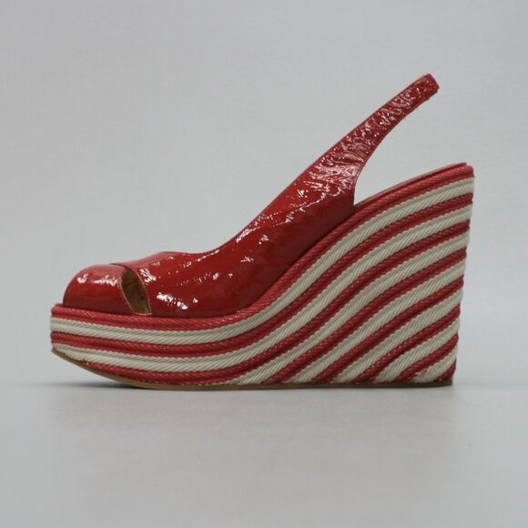 Michael Kors Ladies 10 Red Patent Leather Peep-toe Platform Wedge Heels Shoes - Picture 2 of 12